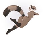  anthro barefoot brown_body brown_fur butt cheek_tuft facial_tuft feet female fur genitals hi_res leg_markings looking_back mammal markings nude procyonid pussy raccoon simple_background socks_(marking) solo striped_tail stripes tuft white_background zkelle 