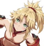  1girl armpits bangs bare_shoulders blonde_hair blush braid breasts cleavage closed_mouth collarbone commentary_request detached_sleeves fate/grand_order fate_(series) french_braid green_eyes hair_ornament hair_scrunchie highres long_hair looking_at_viewer medium_breasts mordred_(fate) mordred_(fate)_(all) navel parted_bangs ponytail red_scrunchie scrunchie simple_background solo tonee upper_body white_background 