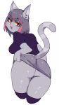  anthro bottomwear butt clothed clothing clothing_lift domestic_cat ear_piercing felid feline felis female hi_res legwear lightsource mammal open_mouth piercing pupils red_eyes shirt simple_background skirt skirt_lift slit_pupils solo striped_tail stripes t-shirt thigh_highs topwear white_background yellow_sclera 