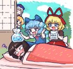  5girls bag_over_head bangs blanket blonde_hair blue_bow blue_eyes blue_hair blue_sky blush blush_stickers bow cirno cloud commentary_request futon hair_bow hakurei_reimu highres howhow_notei ice ice_cube ice_wings kirisame_marisa medicine_melancholy mouth_hold multiple_girls pillow red_bow short_sleeves sick sky smile sparkle squiggle thermometer touhou wings yagokoro_eirin 