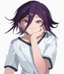 1boy bangs blush closed_mouth collarbone commentary_request danganronpa_(series) danganronpa_v3:_killing_harmony eyebrows_visible_through_hair hair_between_eyes hand_on_own_chin highres jazy looking_at_viewer male_focus ouma_kokichi purple_eyes purple_hair shiny shiny_hair shirt short_hair short_sleeves simple_background smile solo upper_body white_background white_shirt 