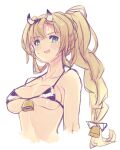  1girl 2021 animal_ears animal_print bangs bell bikini blonde_hair blue_eyes blush breasts chinese_zodiac cleavage cow_ears cow_horns cow_print fake_horns granblue_fantasy hair_ornament hairband horns large_breasts long_hair looking_at_viewer neck_bell solo swimsuit tian_you twintails year_of_the_ox zeta_(granblue_fantasy) 