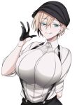  1girl absurdres aqua_eyes black_gloves black_headwear blonde_hair breasts camui_kamui eyebrows eyebrows_visible_through_hair gloves hair_between_eyes half_gloves hat highres large_breasts licking licking_lips original shirt short_hair suspenders tomboy tongue tongue_out upper_body white_background white_shirt 