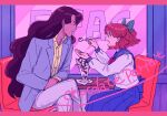  1boy 1girl bangs bishoujo_senshi_sailor_moon blush bow brown_hair buttons chair chocolate commentary_request crossed_legs feeding glass green_bow hair_bow holding holding_spoon jacket letterboxed long_hair long_sleeves nanaban_zenryoku nephrite_(sailor_moon) oosaka_naru open_mouth pants parfait purple_jacket sailor_collar school_uniform shirt sitting skirt spoon table teeth yellow_shirt 