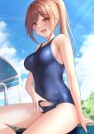  1girl :d absurdres bare_arms bare_shoulders blue_swimsuit blurry breasts brown_eyes brown_hair covered_navel day depth_of_field fang highres long_hair looking_at_viewer medium_breasts monaka_curl one-piece_swimsuit open_mouth original outdoors ponytail school_swimsuit sidelocks sitting smile solo swimsuit thighs wet 