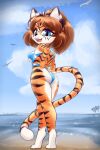  absurd_res anthro beach blasticussaturn blue_eyes brown_hair butt clothed clothing clothing_lift clothing_pull countershading digitigrade felid female fur hair hi_res inner_ear_fluff looking_at_viewer looking_back mammal one-piece_swimsuit open_mouth orange_body orange_fur pantherine ponytail sea seaside signature smile solo stripes swimwear tiger tuft water 