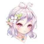  1girl ahoge closed_mouth face flower hair_flower hair_ornament jewelry kokkoro_(princess_connect!) pendant pointy_ears princess_connect! princess_connect!_re:dive purple_eyes short_hair silver_hair simple_background smile solo white_background yukinoa 