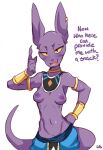  alien anthro armor beerus breasts dialogue domestic_cat dragon_ball dragon_ball_super dragon_ball_z ear_piercing english_text felid feline felis female front_view hairless hairless_cat hi_res lightsource mammal navel nipples open_mouth piercing pupils simple_background slit_pupils solo sphynx_(cat) teeth text tongue vambraces white_background 
