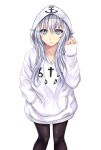  1girl absurdres alternate_costume black_legwear blue_eyes cowboy_shot hand_in_pocket hibiki_(kancolle) highres hood hood_up hoodie kantai_collection long_hair long_sleeves pantyhose silver_hair simple_background solo standing white_background white_hoodie zatma0041 