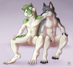  2021 4_toes 5_fingers anthro canid canine canis digital_media_(artwork) duo ezcett feet fingers male mammal nude sergal sitting smile toes wolf 