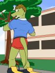  alligator alligatorid anthro assisted_exposure boxer_briefs clothed clothing crocodilian duo furgonomics fuze gabriel_(fuze) hi_res looking_back male mostly_offscreen_character outside pants_down pantsing partially_clothed polo_shirt reptile scalie shirt solo_focus surprise topwear underwear 