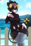  absurd_res anthro clothed clothing female fence hair hi_res luxray multicolored_hair nintendo pok&eacute;mon pok&eacute;mon_(species) red_sclera skye_primis skylosminkan solo text thick_thighs url video_games yellow_eyes 