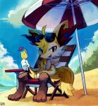  alcohol ambiguous_gender anthro beach beach_chair beverage bivalve_shell braixen cloud cute_fangs daylight detailed_background extyrannomon_(artist) eyewear feral fur hi_res looking_at_viewer martini_glass mollusk_shell nintendo plant pok&eacute;mon pok&eacute;mon_(species) relaxing sand sea seaside shell shrub solo sunglasses umbrella video_games water yellow_body yellow_fur 