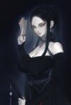  1girl bare_shoulders beads black_hair blue_eyes breasts cleavage commentary detached_sleeves highres large_breasts light_smile lips long_hair nail_polish nat_the_lich original pandora_(nat_the_lich) ponytail solo 