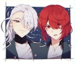  2boys bishounen_series closed_mouth elulit2 eyebrows_visible_through_hair eyes_visible_through_hair fukuroi_mitsuru hair_over_one_eye highres looking_at_viewer multiple_boys open_mouth ponytail red_eyes red_hair sakiguchi_nagahiro school_uniform short_hair silver_eyes silver_hair turtleneck upper_body yubiwa_high_school_uniform 