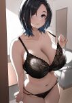  1girl bare_arms bare_shoulders black_bra black_hair blue_eyes bra bra_pull breasts cleavage closed_mouth clothes_pull collarbone cowboy_shot forehead highres large_breasts lingerie long_hair looking_at_viewer multi-strapped_panties navel original sakura_no_tomoru_hi_e solo stomach strap_pull underwear underwear_only 