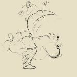  2021 allovic87 anthro belly big_butt bottomwear bulge butt canid canine clothing duo hi_res hoodie male mammal overweight overweight_male pants shirt simple_background sketch topwear ursid 