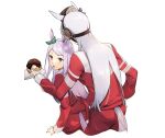  2girls animal_ears aqua_ribbon doughnut ear_ribbon eyebrows_visible_through_hair food gold_ship_(umamusume) grey_hair hat highres holding holding_food horse_ears horse_girl horse_tail jacket long_hair long_sleeves mejiro_mcqueen_(umamusume) mini_hat multiple_girls no-kan open_mouth pillbox_hat purple_eyes purple_hair red_jacket ribbon simple_background tail track_jacket umamusume white_background 