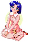  1990s_(style) 1girl bangs blue_eyes blue_hair blush dress eyebrows_visible_through_hair hairband hands_together highres kokura_masashi long_sleeves mary_janes nozaki_sumire official_art pink_dress red_footwear retro_artstyle shoes sitting smile solo tokimeki_memorial tokimeki_memorial_2 wariza 