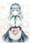  1girl absurdres anchor_choker apron azur_lane black_hairband black_skirt box breasts center_frills choker clothing_cutout dido_(azur_lane) earrings eyebrows_visible_through_hair frilled_apron frilled_choker frilled_shirt frilled_skirt frills hairband heart heart-shaped_box heart_earrings highres holding holding_box jewelry lace-trimmed_hairband lace_trim large_breasts maid purple_eyes shirt silver_hair skirt sleeveless sleeveless_shirt solo traditional_media underboob underboob_cutout waist_apron whipberry white_apron white_shirt 