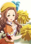  1girl absurdres band_uniform beret blurry blurry_background blush brown_hair hat hibike!_euphonium highres holding holding_pom_poms kenzaki_ririka kurumiyasan_ns liz_to_aoi_tori long_hair looking_at_viewer open_mouth orange_shirt orange_skirt pleated_skirt plume pom_poms shirt short_sleeves skirt smile solo standing uniform yellow_eyes yellow_headwear 