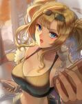  1girl artist_request bangs bare_shoulders blonde_hair blue_eyes blush breasts can cleavage fur_trim granblue_fantasy hair_ornament hairband highres jacket large_breasts long_hair looking_at_viewer open_mouth smile solo tank_top twintails zeta_(granblue_fantasy) 