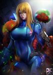  1girl absurdres alien arm_cannon blue_bodysuit blue_eyes bodysuit breasts curvy hair_down highres large_breasts lips long_hair metroid metroid_(creature) mole mole_under_mouth neon_trim nose power_armor red_lips samus_aran skin_tight solo_focus undressing varia_suit weapon xuuikie_ashe zero_suit 