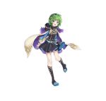  1girl absurdres arms_behind_back bangs belt belt_pouch black_dress blue_eyes blush boots cape commentary_request covered_collarbone detached_sleeves dress eyebrows_visible_through_hair feather_trim fire_emblem fire_emblem:_the_blazing_blade fire_emblem_heroes full_body gold_trim green_hair hair_ornament hairband highres hood hood_down hooded_cape leg_up long_sleeves looking_at_viewer nino_(fire_emblem) official_art open_mouth pouch shiny shiny_hair shiori_(xxxsi) short_dress short_hair simple_background smile solo white_background 