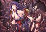  1girl bestiality breasts character_request cum feet feet_up hakama highres interspecies japanese_clothes kuragetakos long_hair miko nipples purple_eyes purple_hair red_hakama restrained shikigami_no_shiro soles spread_legs tentacle_sex tentacles tentacles_under_clothes torn_clothes 