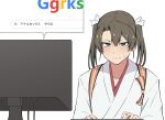  1girl bangs blue_eyes blush closed_mouth computer eyebrows_visible_through_hair google grey_hair hair_ribbon highres internet japanese_clothes long_hair ribbon search_bar simple_background solo sweat takaman_(gaffe) translated twintails upper_body white_background zuikaku_(kancolle) 