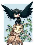  2girls bird black_feathers black_hair brown_feathers brown_hair brown_shirt commission crossed_arms crow eagle frown highres looking_ahead looking_at_another multiple_girls original personification photo-referenced red_eyes setz shirt short_shorts shorts size_difference smile t-shirt tree yellow_eyes 