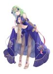  1girl bare_shoulders blue_dress breasts byleth_(fire_emblem) byleth_(fire_emblem)_(female) circlet cleavage cosplay dress fire_emblem fire_emblem:_three_houses green_eyes green_hair hair_ribbon high_heels highres holding holding_clothes holding_skirt large_breasts leggings looking_at_viewer midriff moja_(moquackja) navel ribbon skirt sothis_(fire_emblem) sothis_(fire_emblem)_(cosplay) tassel 