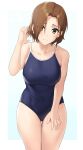  1girl absurdres arm_up bangs bare_arms bare_legs bare_shoulders blue_swimsuit blush breasts brown_eyes brown_hair closed_mouth collarbone commentary_request competition_school_swimsuit covered_navel cowboy_shot eyebrows_visible_through_hair highres idolmaster idolmaster_cinderella_girls large_breasts leaning_forward looking_at_viewer mizuki_seira onao one-piece_swimsuit parted_bangs school_swimsuit short_hair simple_background smile solo standing swimsuit thigh_gap two-tone_background wet white_background 