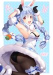  1girl :d absurdres animal_ear_fluff animal_ears armpits arms_up black_gloves black_legwear black_panties blue_background blue_hair braid breasts bunny_ears bunny_pose carrot_hair_ornament detached_sleeves don-chan_(usada_pekora) doodle dress food_themed_hair_ornament fur_trim gloves hair_ornament highres hololive jumping kiba_tori long_hair looking_at_viewer multicolored_hair open_mouth panties pantyhose pantyshot polka_dot polka_dot_background puffy_short_sleeves puffy_sleeves rabbit_girl red_eyes short_sleeves signature smile strapless thick_eyebrows tongue twin_braids twintails two-tone_hair underwear upper_teeth usada_pekora virtual_youtuber white_dress white_hair 