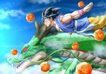  blonde_hair blue_eyes blue_sky clear_sky cloud dougi dragon dragon_ball dragon_ball_(object) dragon_ball_gt dragon_ball_z eastern_dragon flying highres mocky_art muscular muscular_male pants shenlong_(dragon_ball) sky skyline son_goku spiked_hair super_saiyan super_saiyan_1 super_saiyan_2 super_saiyan_3 super_saiyan_4 yellow_pants 