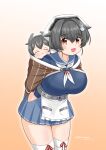 2girls :3 apron arms_behind_back baby bandana bangs black_hair blue_sailor_collar blue_skirt boots breasts brown_shawl closed_eyes dated eyebrows_visible_through_hair gradient gradient_background hair_between_eyes hair_flaps hair_ornament headgear holding holding_baby huge_breasts i-47_(kancolle) jingei_(kancolle) kantai_collection masara_(chuujou) multiple_girls neckerchief open_mouth pleated_skirt red_eyes sailor_collar shawl simple_background skirt thigh_boots thighhighs twitter_username waist_apron whale_hair_ornament white_neckwear younger 