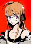  1girl ahoge bangs bare_shoulders behind-the-head_headphones black_tank_top black_vest blunt_bangs coat fur-trimmed_coat fur_trim glasses headphones highres hime_cut long_hair off-shoulder_shirt off_shoulder orange_hair persona persona_5 purple_eyes red_background sakura_futaba shirt simple_background sishenfan sketch solo_focus t-shirt tank_top vest white_shirt 