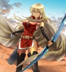  1girl arrow_(projectile) belt blonde_hair boots bow bow_(weapon) breasts cleavage cloak desert dress elbow_gloves fingerless_gloves fire_emblem fire_emblem:_the_binding_blade gloves hair_between_eyes highres holding holding_arrow holding_bow_(weapon) holding_weapon igrene_(fire_emblem) kakiko210 large_breasts long_hair looking_at_viewer quiver red_dress sand smile solo thigh_boots thighhighs weapon yellow_eyes 