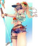  1girl bangs bikini blonde_hair blue_eyes braid breasts cleavage granblue_fantasy hair_intakes hair_ornament hairband hat highres jacket large_breasts long_hair looking_at_viewer navel polearm shorts solo spear sunglasses swimsuit tian_you twintails weapon yandere zeta_(granblue_fantasy) 