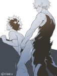  2boys anal bakugou_katsuki bangs boku_no_hero_academia clothes_pull commentary_request cum from_behind greyscale male_focus midoriya_izuku monochrome motion_lines multicolored_hair multiple_boys pants pants_pull sex shirt short_hair short_sleeves simple_background spiked_hair sweat tank_top tears tonomayo yaoi 