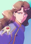  1boy bangs bishoujo_senshi_sailor_moon blue_eyes bright_pupils brown_hair buttons closed_mouth commentary_request highres jacket light_smile long_hair looking_to_the_side male_focus nephrite_(sailor_moon) purple_jacket shiny shiny_hair signature solo tasuku_(tasukurukuru) upper_body white_pupils 