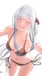  1girl ak-12_(girls_frontline) bangs bikini black_bikini breasts cowboy_shot eyebrows_visible_through_hair girls_frontline highres ichinose_(ichinose1592) leaning_forward long_hair looking_at_viewer medium_breasts navel open_mouth side-tie_bikini silver_hair simple_background solo swimsuit teeth white_background 