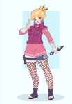  1girl absurdres adapted_costume alternate_costume bandaged_arm bandaged_hands bandages blonde_hair blue_eyes commentary copyright_request earrings english_commentary fishnet_legwear fishnets fonteart forehead_protector gem hair_bun hand_gesture highres jacket jewelry kunai mario_(series) naruto_(series) ninja parted_lips pink_jacket pink_shirt pink_shorts pouch princess_peach sandals shirt shorts turtleneck uniform weapon 