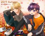  2boys autumn_leaves blonde_hair clothes earlobes hatoka_ra5 leaf male_focus multiple_boys niconico purple_eyes purple_hair senra_(singer) shima_(niconico) shirt shoes t-shirt urashimasakatasen utaite_(singer) yellow_eyes 