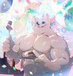  abs absurd_res anthro balloon biceps birthday_cake blue_eyes cake candle canid canine clothing dessert dona908 food fur headgear headwear hi_res male mammal muscular muscular_anthro muscular_male nipples owo pecs solo tongue white_body white_fur 