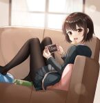  1girl absurdres bangs black_jacket black_legwear blurry blurry_background blush brown_eyes brown_hair chips copyright_request couch food from_side hair_ornament hairclip handheld_game_console highres holding holding_handheld_game_console indoors jacket long_sleeves looking_at_viewer miniskirt no_shoes open_mouth pantyhose pleated_skirt school_uniform serafuku shiny shiny_hair short_hair sitting skirt solo upper_teeth window zeroillya 