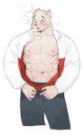  abs anthro canid canine clothed clothing fur hi_res kemono male mammal muscular muscular_anthro muscular_male nipples partially_clothed pecs simple_background solo syukapong white_background white_body white_fur 