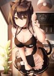  1girl absurdres ahoge animal_ears apron azur_lane baltimore_(azur_lane) bangs bar black_dress black_legwear breasts brown_hair cat_ears cat_girl cat_tail ceiling_light character_name cleavage closed_eyes closed_mouth clothing_cutout commentary_request copyright_name cowboy_shot dress eyebrows_visible_through_hair frilled_apron frills garter_straps hair_between_eyes highres huge_filesize indoors kemonomimi_mode large_breasts leaning_forward looking_at_viewer menu name_tag navel navel_cutout plant potted_plant puffy_short_sleeves puffy_sleeves short_hair short_sleeves smile solo sora_(men0105) stomach tail thighhighs waist_apron waitress white_apron wrist_cuffs yellow_eyes 