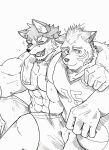  abs absurd_res anthro arm_around_shoulders barrel_(live-a-hero) blush canid canine canis duo english_text furlong furlong_(live-a-hero) hi_res hyaenid live-a-hero male male/male mammal monochrome muscular muscular_anthro muscular_male nipples pecs shirtless text towel wolf 