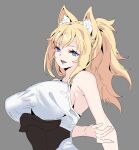  1girl animal_ears bangs blonde_hair blue_eyes breasts fangs fox_ears fox_girl hand_on_own_arm head_tilt highres large_breasts leaning_back looking_at_viewer original ponytail smile solo upper_body zhu_fun 